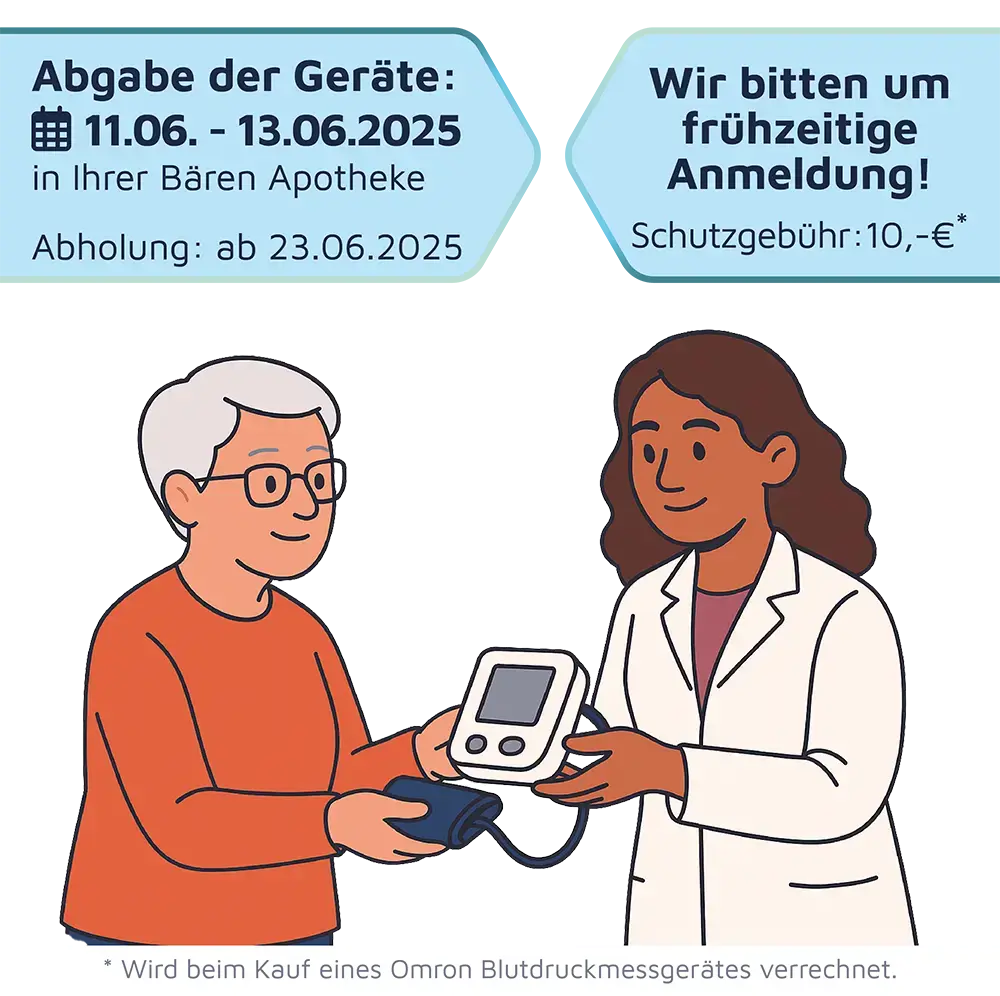 Eine Kundin überreicht einer Apothekerin ihr Blutdruckmessgerät. Abgabe der Geräte: 11.06. 13.06.2025 in Ihrer Bären Apotheke. Abholung ab 23.06.2025. Wir bitten um frühzeitige Anmeldung. Die Schutzgebühr beträgt 10€ und wird beim Kauf eines Omron Blutdruckmessgeräts von uns verrechnet.