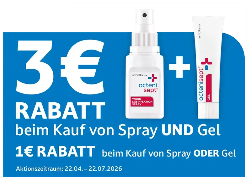 3€ Rabatt beim Kauf von Octenisept Spray und Gel
1 € Rabatt beim Kauf von Octenisept Spray oder Gel
Aktionszeitraum: 22.04.-22.07.2026